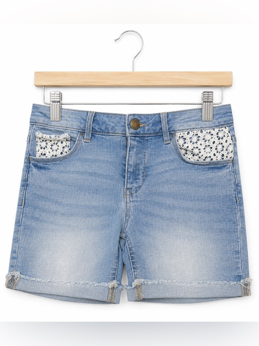 SO Girlsโ Denim Cuffed Blue Jean Shorts Size 12 Lace Trim Light Wash